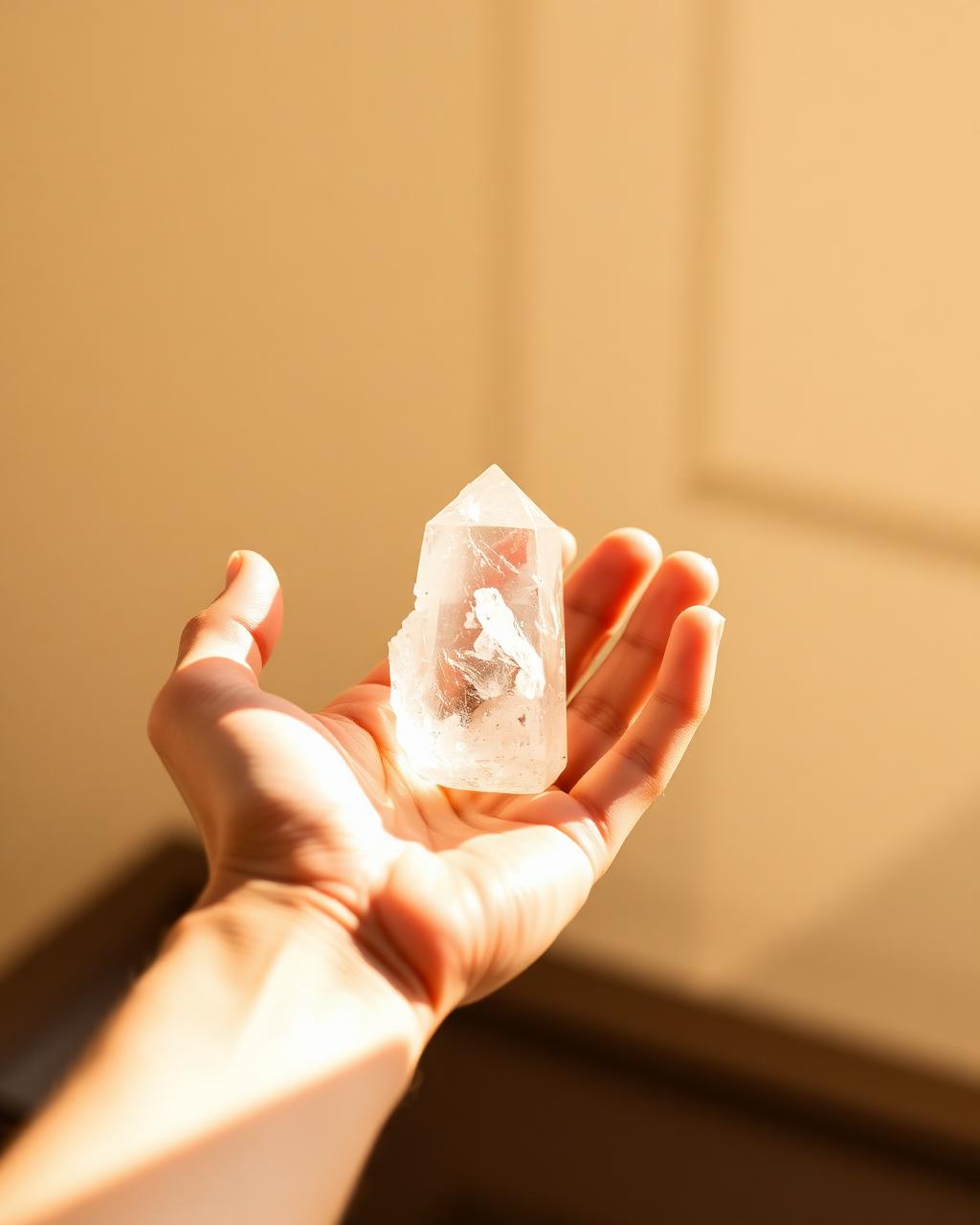 Hands holding a quartz crystal in warm sunlight