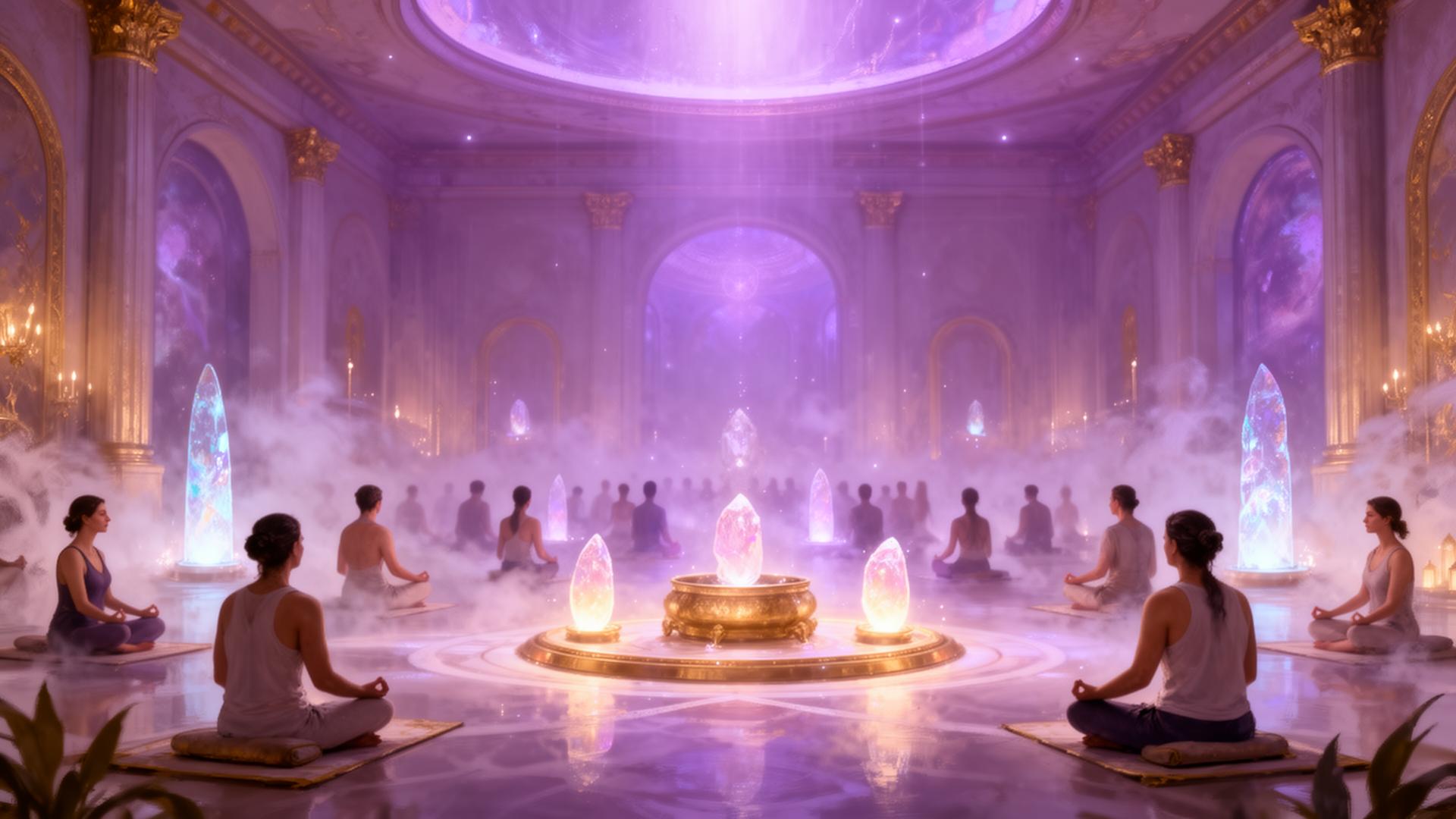 Immersive spiritual gathering with crystals and meditation